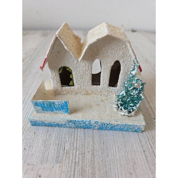 Vintage putz mica white tree house village Japan paper decor unique - Picture 1 of 7